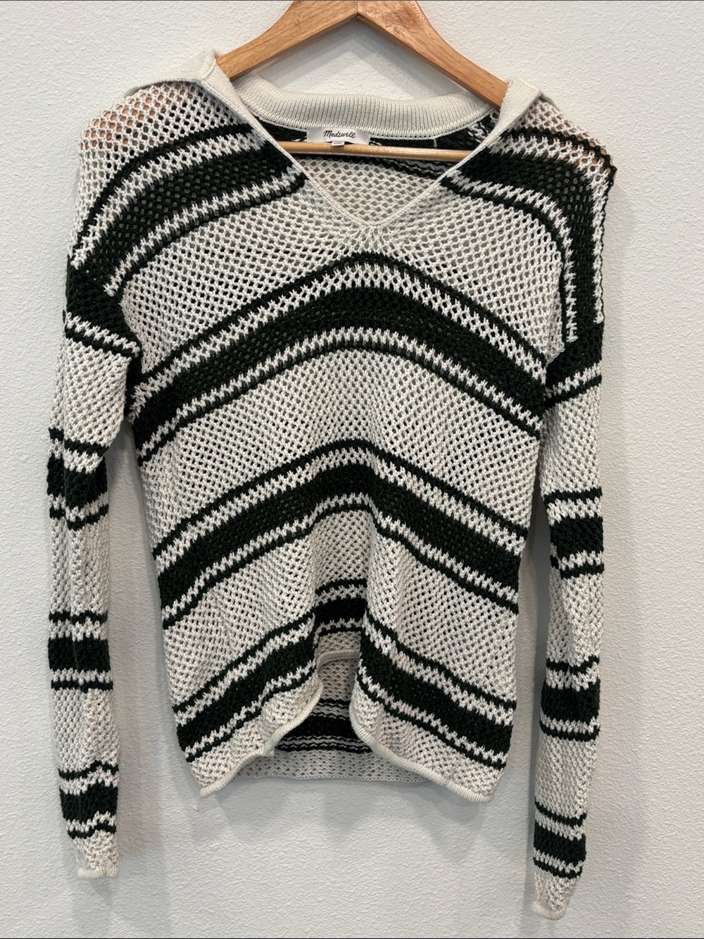Madewell 100% Cotton Green & White Open-Knit V-Neck Stripe Sweater Women XXS
